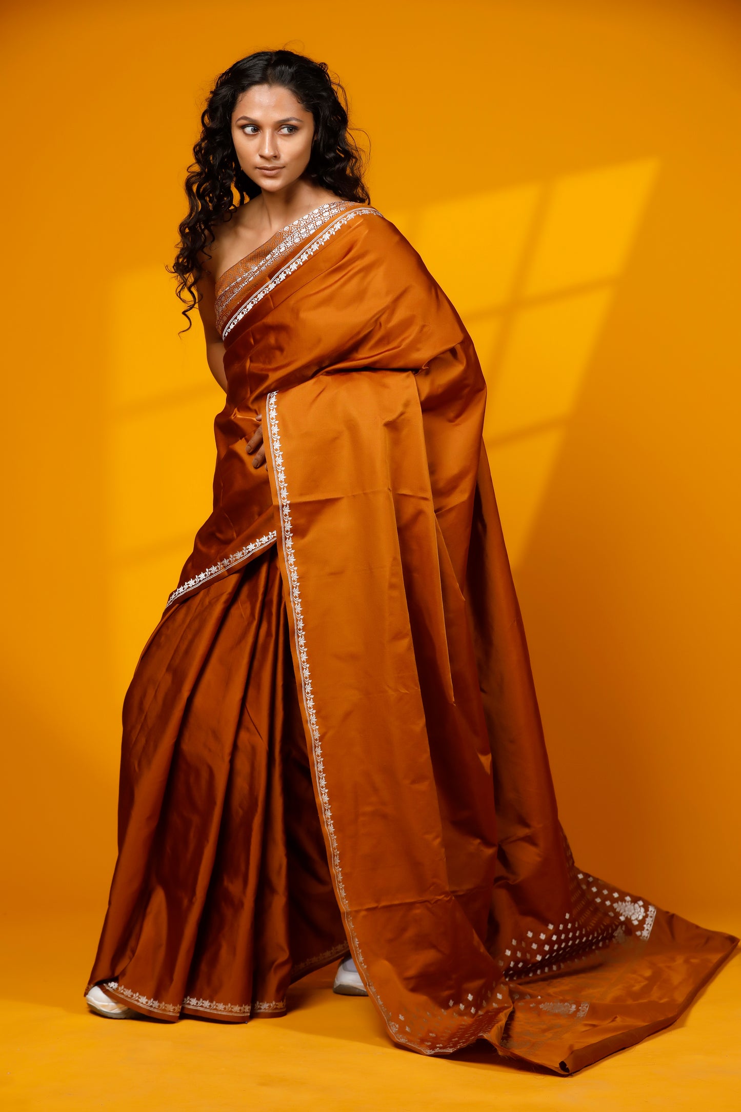 Musturd pure satin silk Designer Banarasi Handloom saree
