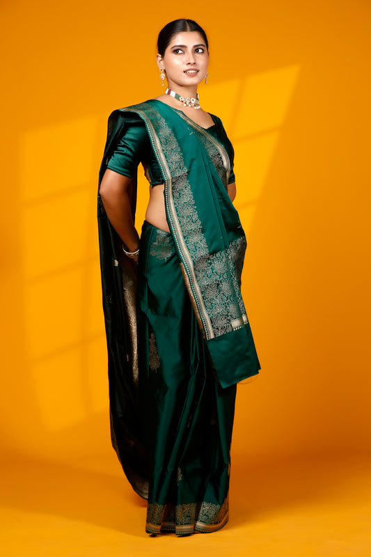 Bottle green pure satin silk kataan banarasi saree
