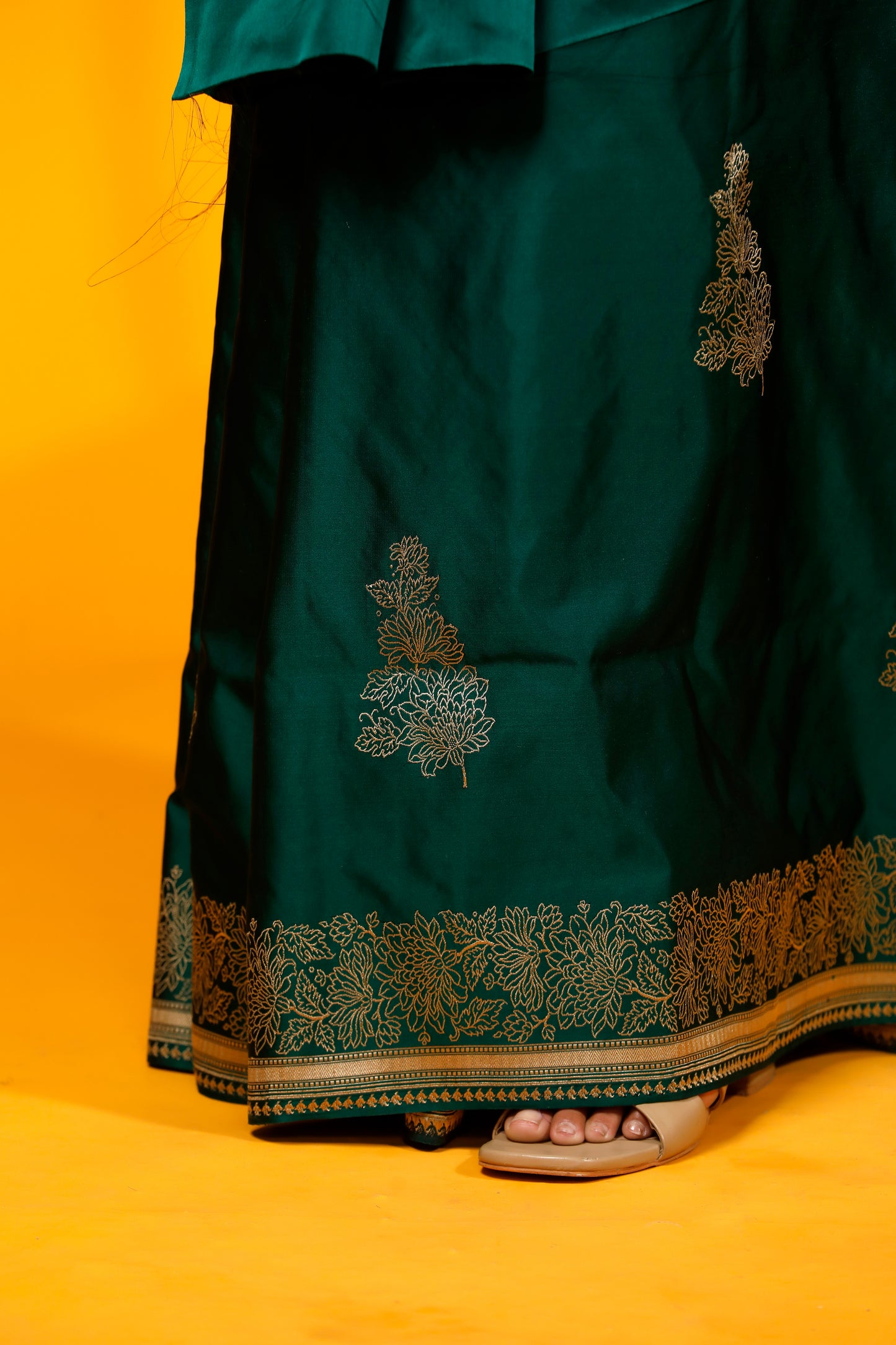 Bottle green pure satin silk kataan banarasi saree
