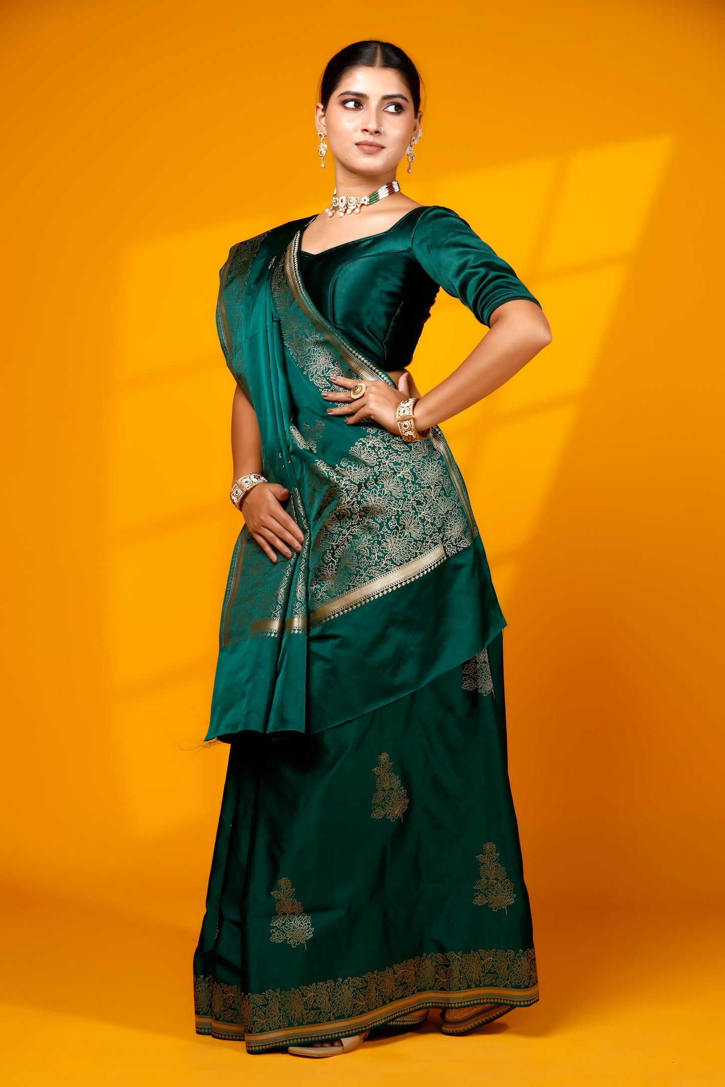Bottle green pure satin silk kataan banarasi saree