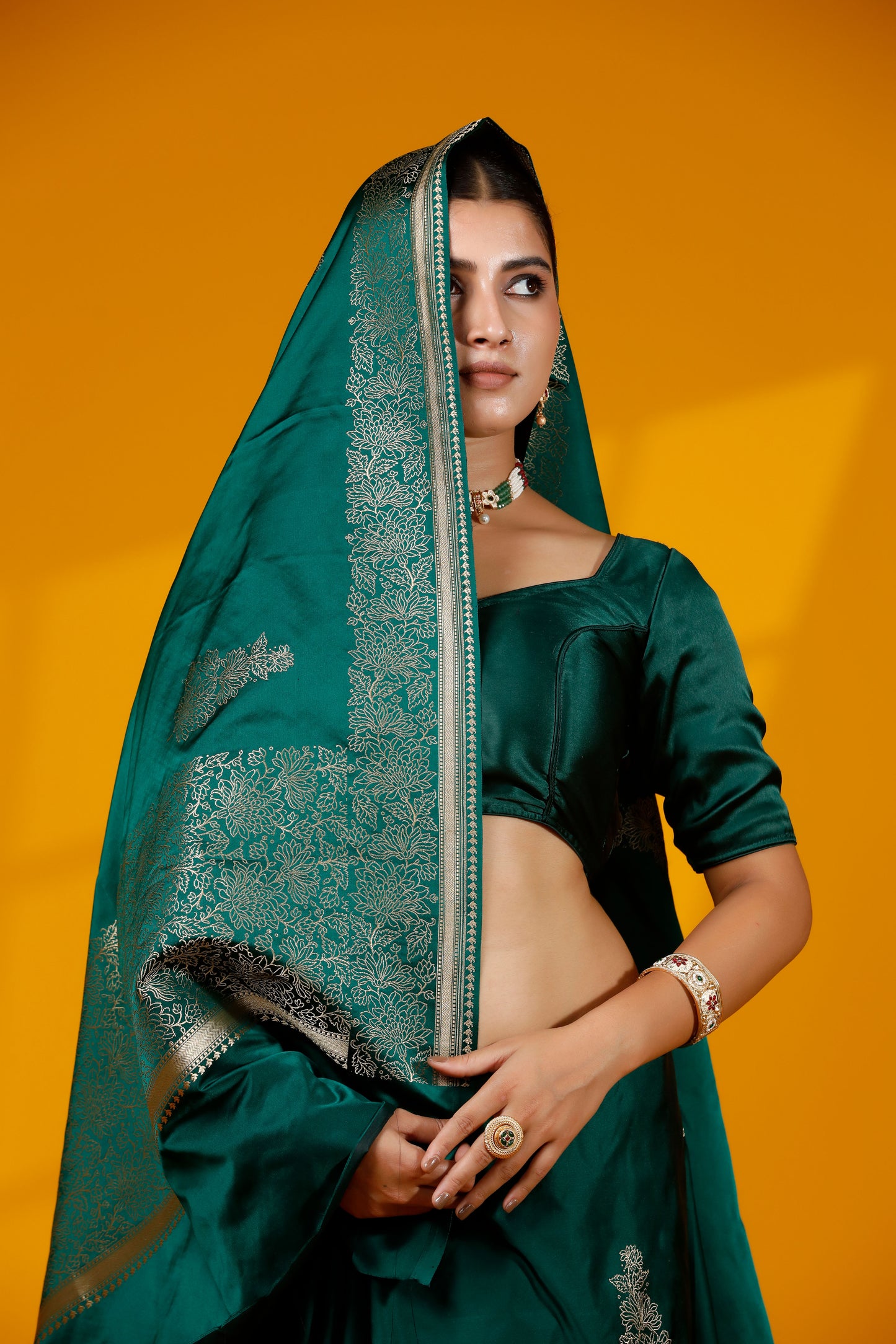 Bottle green pure satin silk kataan banarasi saree