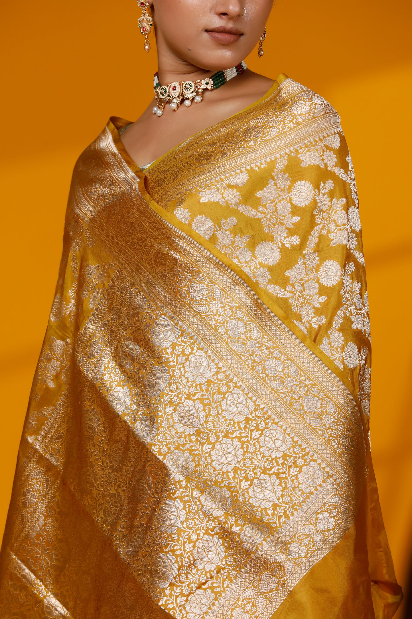 Yellow pure Silk Banarasi Handloom saree with intricate jangla patterns