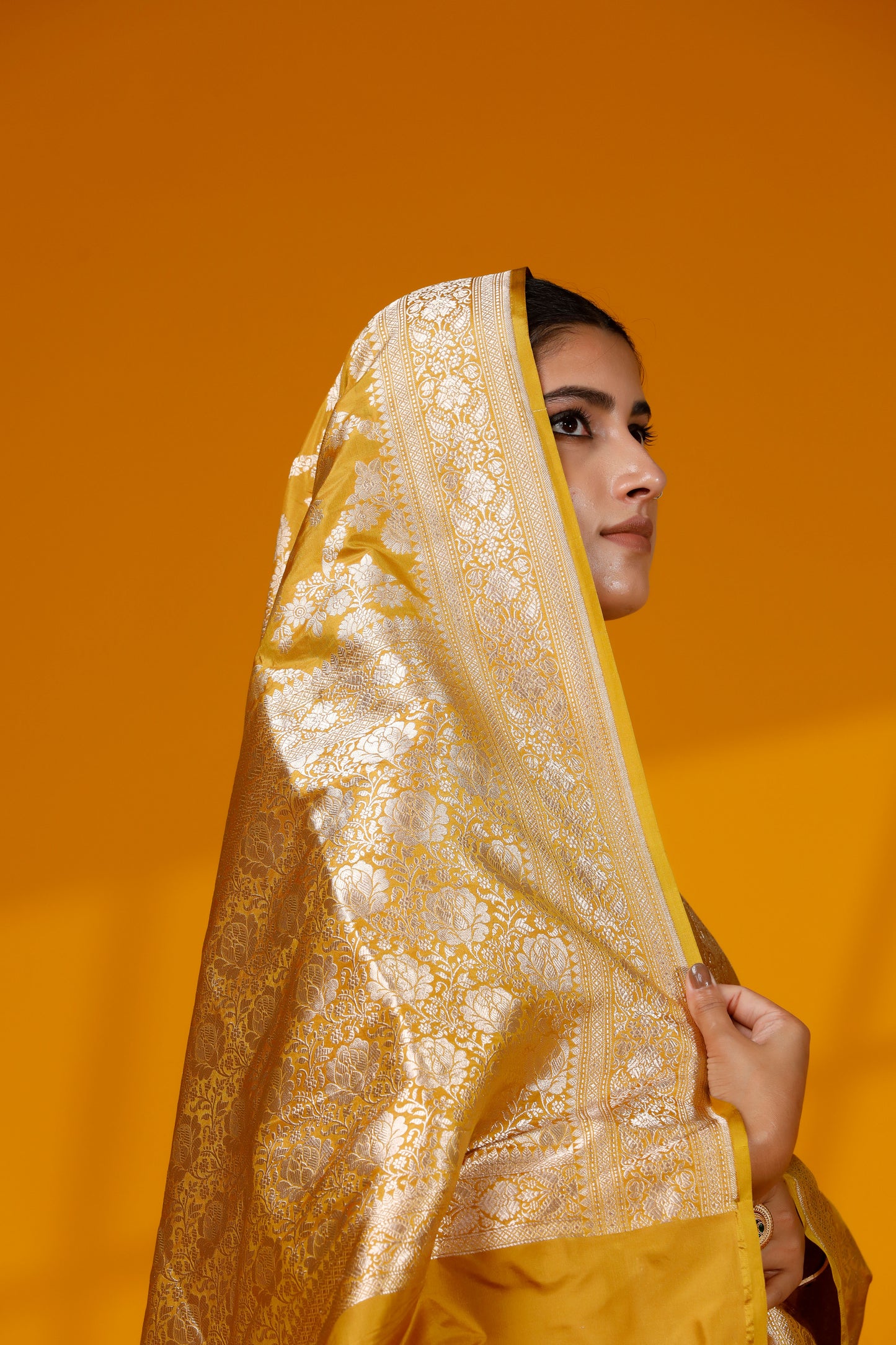 Yellow pure Silk Banarasi Handloom saree with intricate jangla patterns