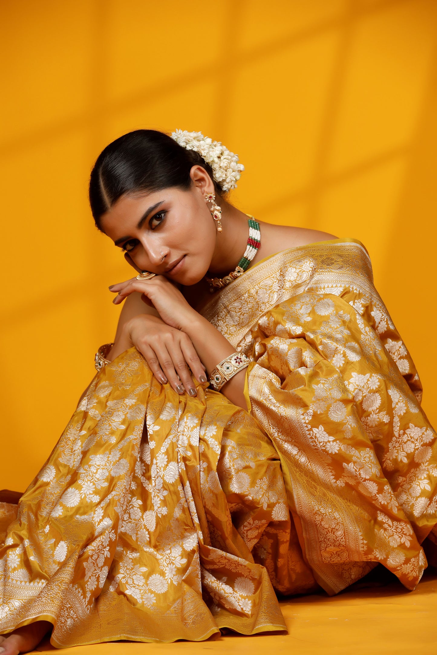 Yellow pure Silk Banarasi Handloom saree with intricate jangla patterns