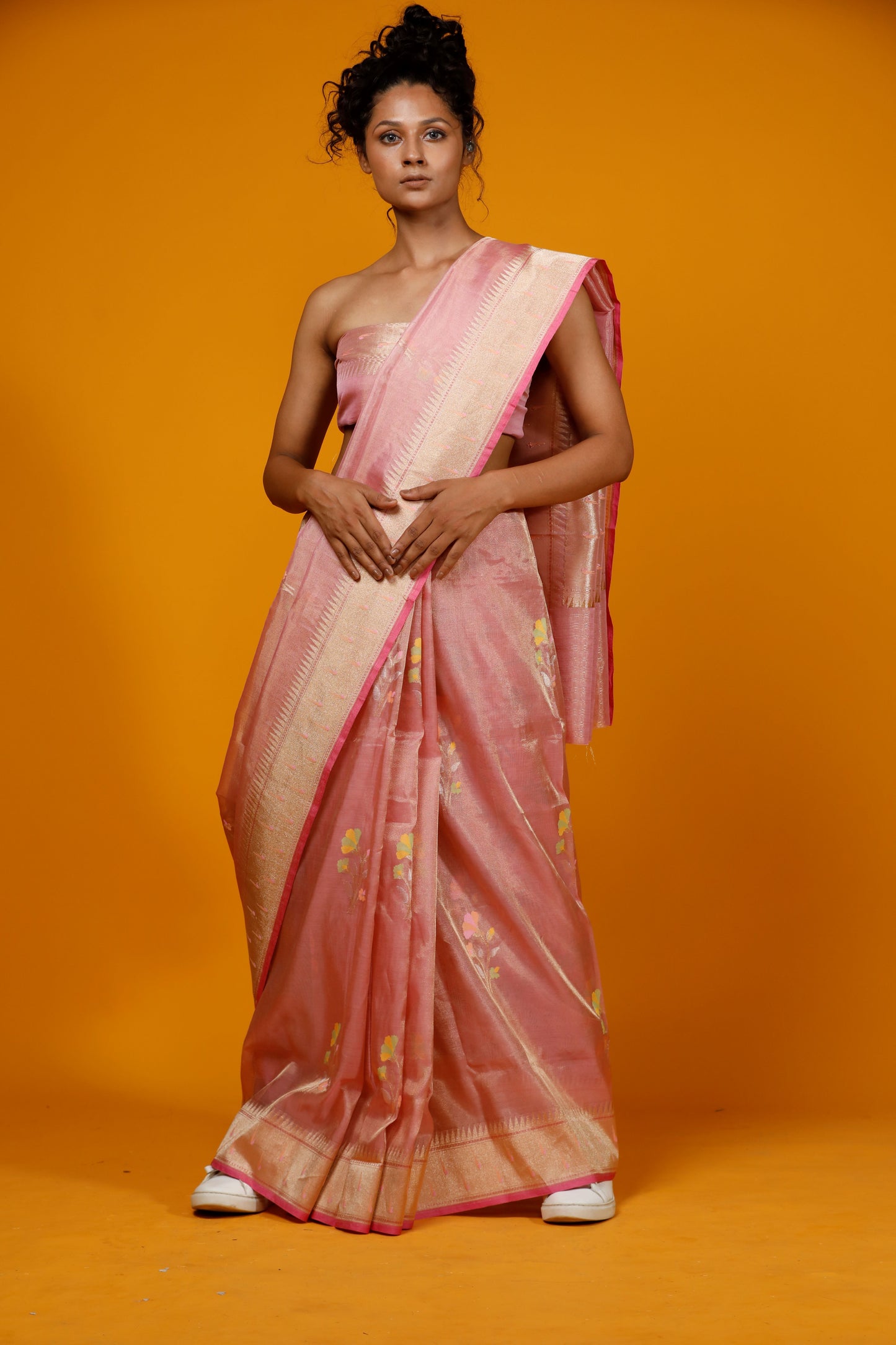 Pinl Multi buta with munia border pure tissue Banarasi Handloom saree
