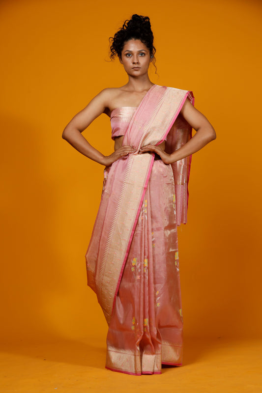 Pinl Multi buta with munia border pure tissue Banarasi Handloom saree