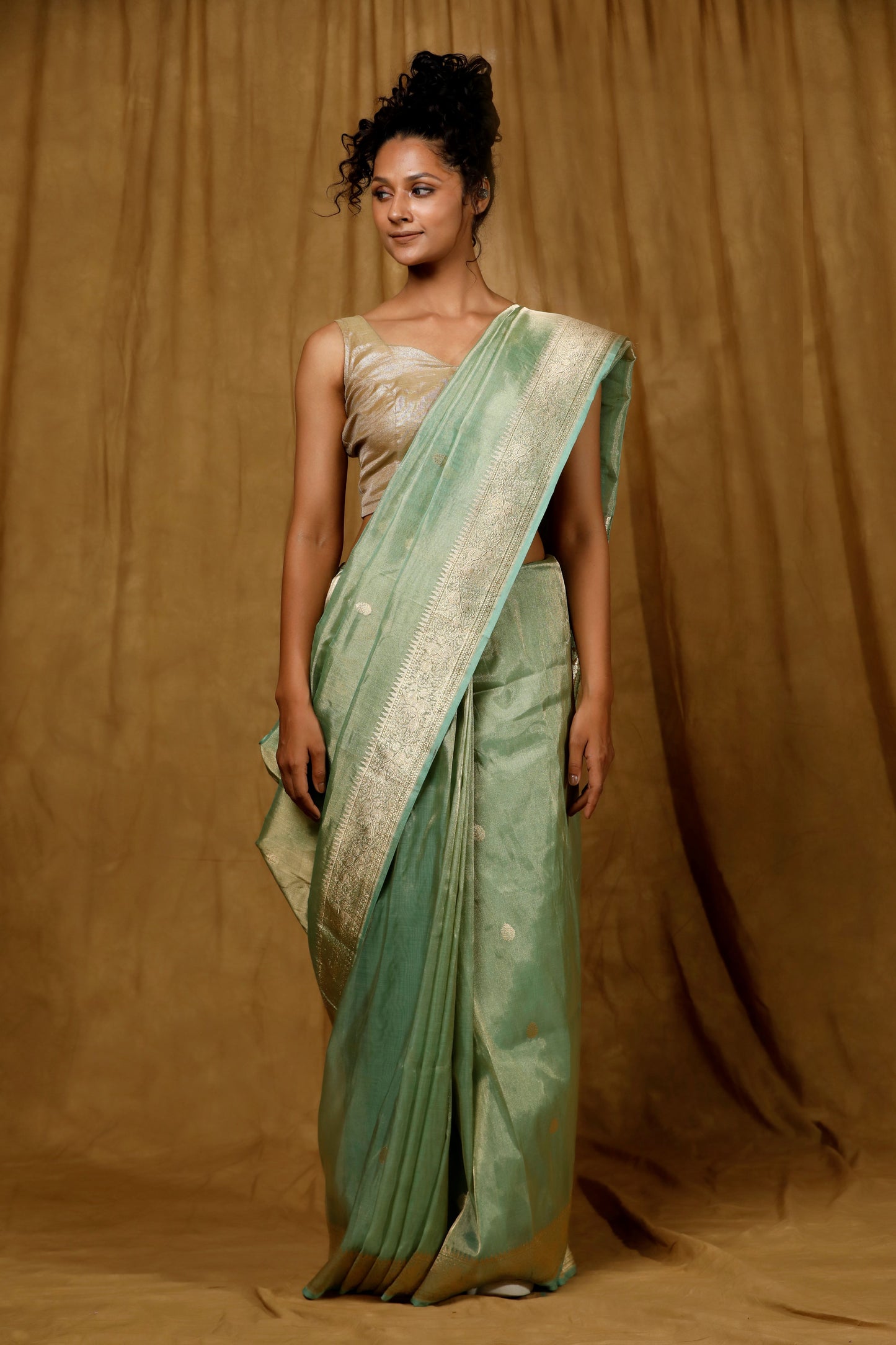 Mint Tissue Banarasi Handloom saree, floral open border with motifs