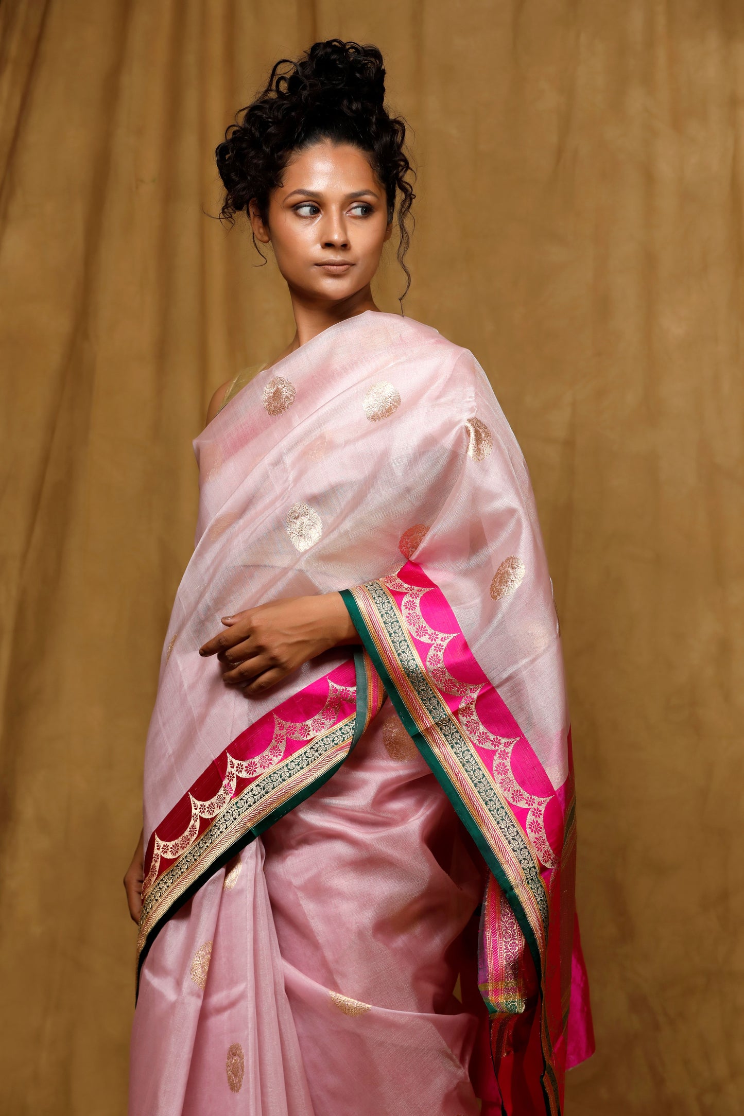 Pink Tissue Banarasi Handloom saree, Kadhua buta with kadhial satin border