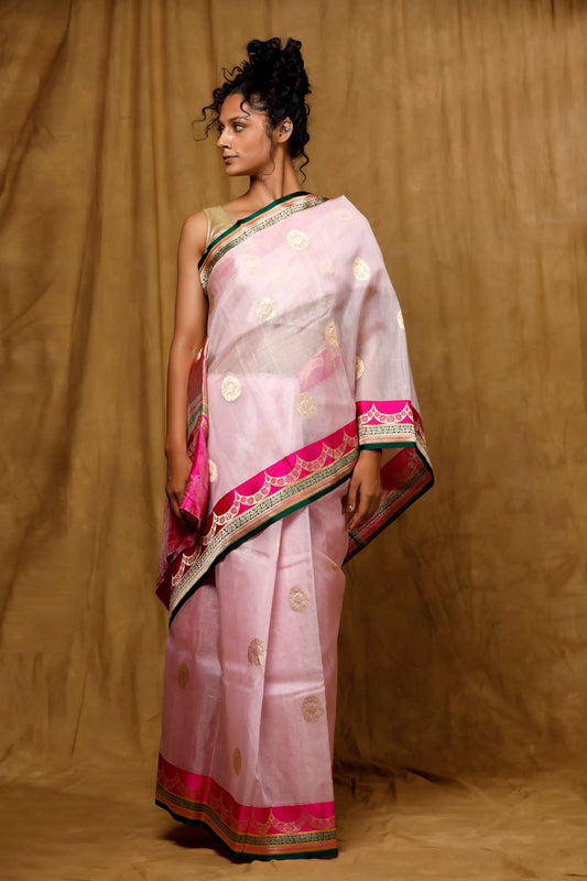 Pink Tissue Banarasi Handloom saree, Kadhua buta with kadhial satin border
