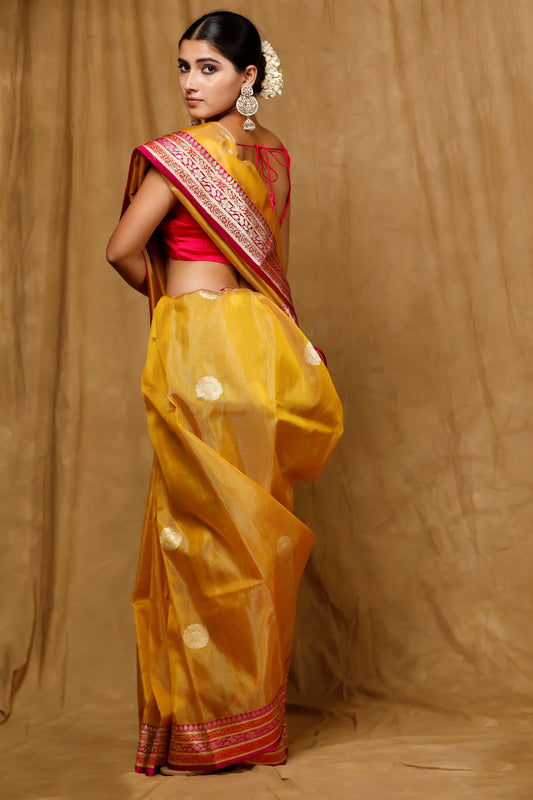 Yellow Tissue Banarasi Handloom saree, Kadhua buta satin border