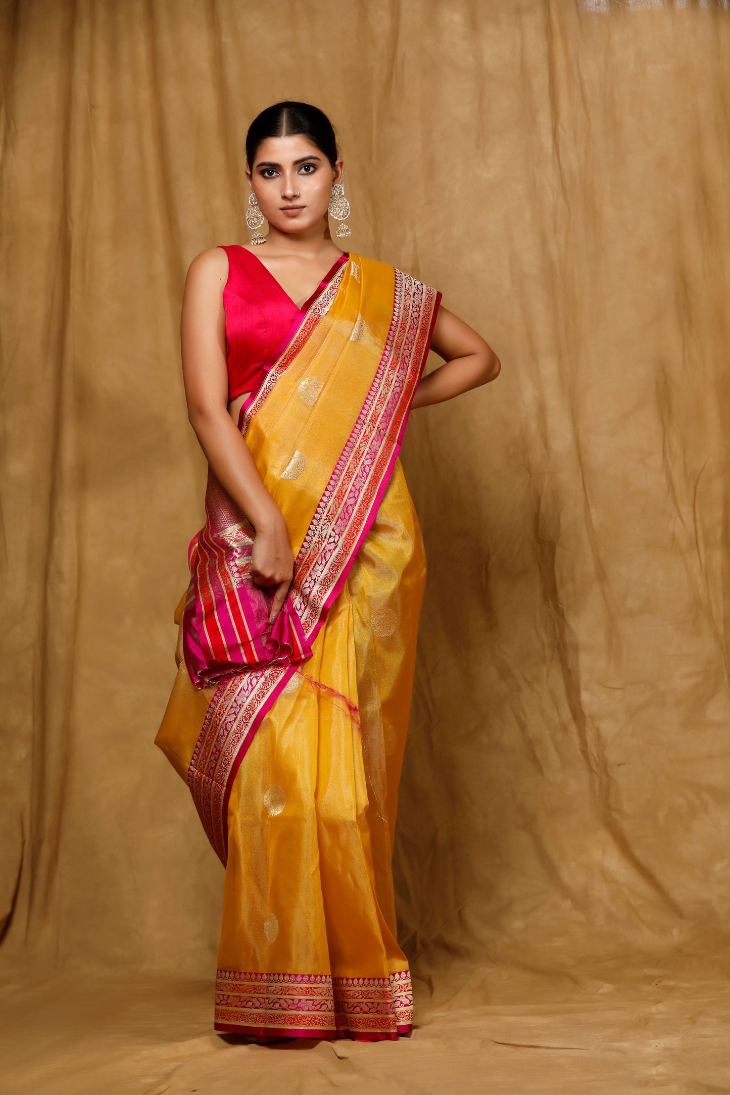 Yellow Tissue Banarasi Handloom saree, Kadhua buta satin border