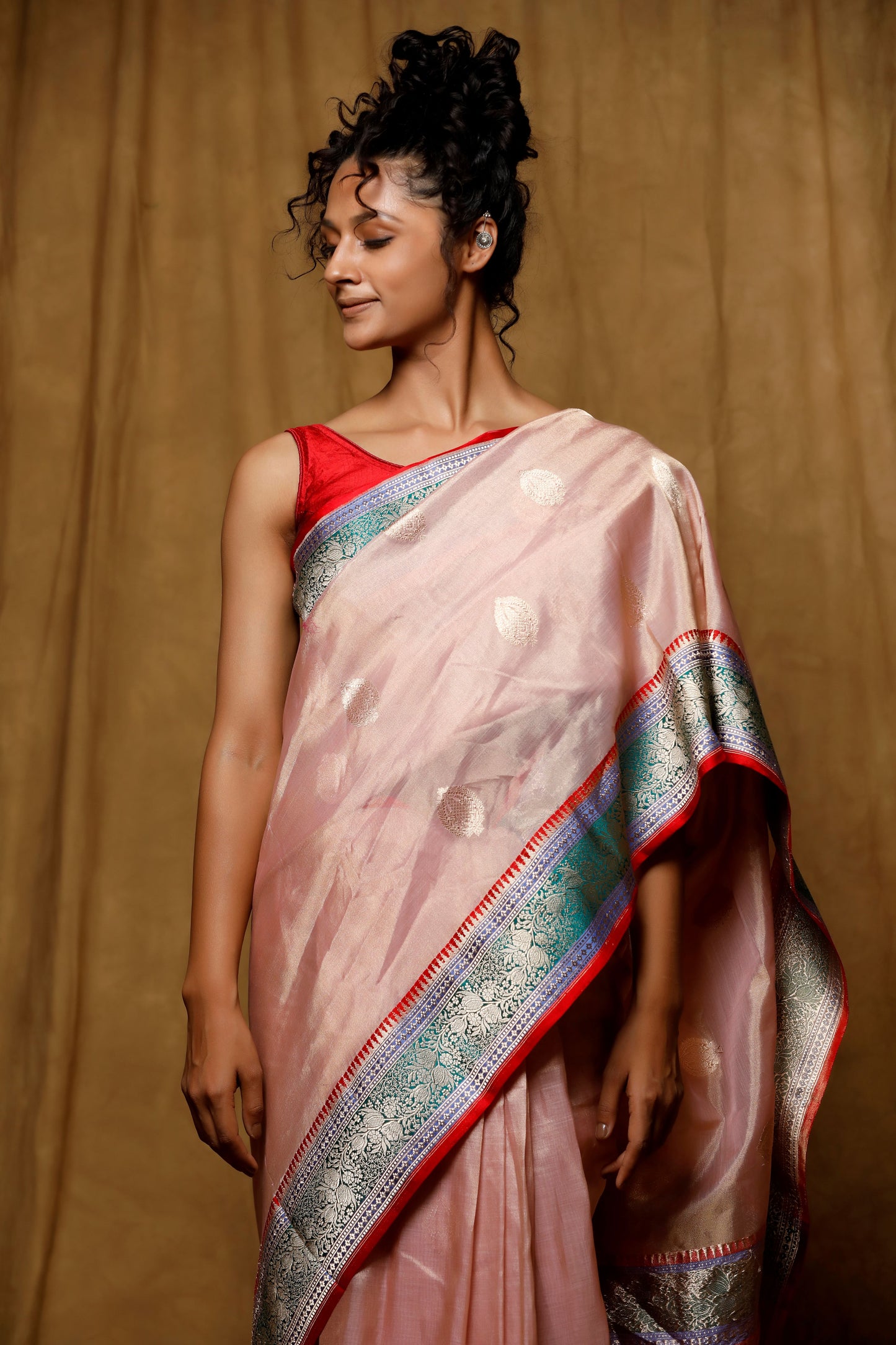 Pink Tissue Banarasi Handloom saree, Kadhua buta, satin border