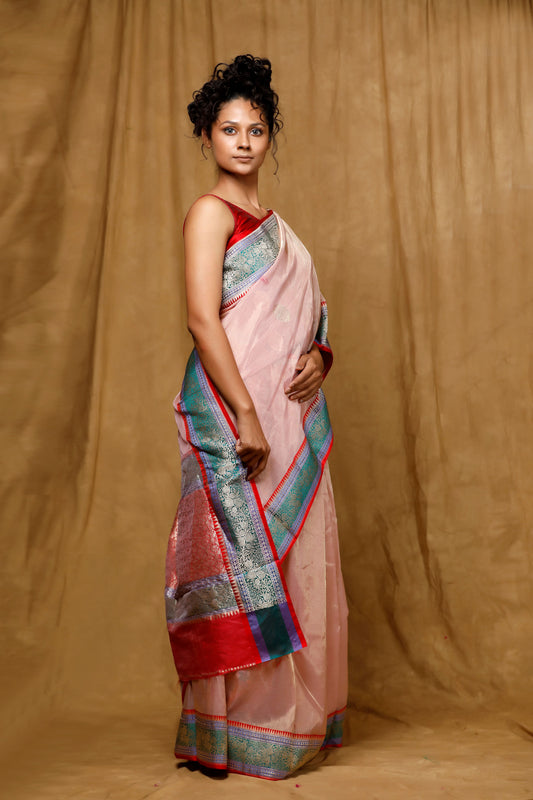 Pink Tissue Banarasi Handloom saree, Kadhua buta, satin border