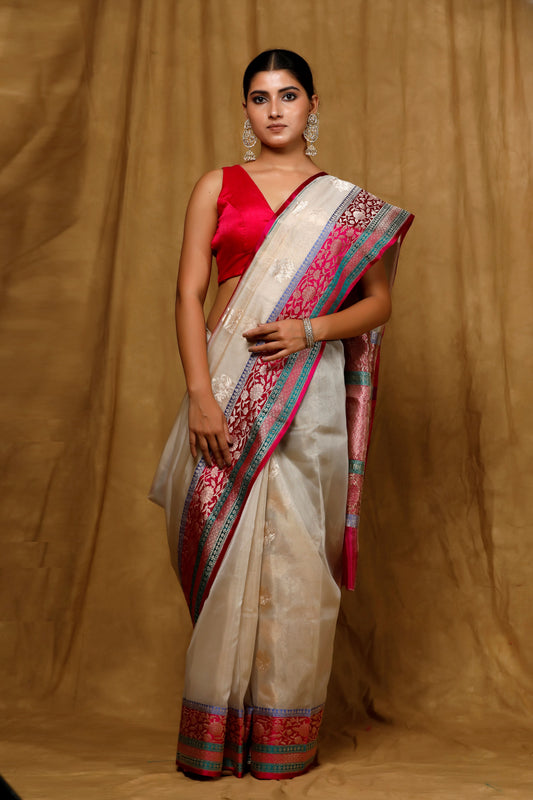 Beige Tissue Banarasi Handloom saree, Kadhua buta with satin border