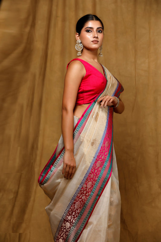 Beige Tissue Banarasi Handloom saree, Kadhua buta with satin border