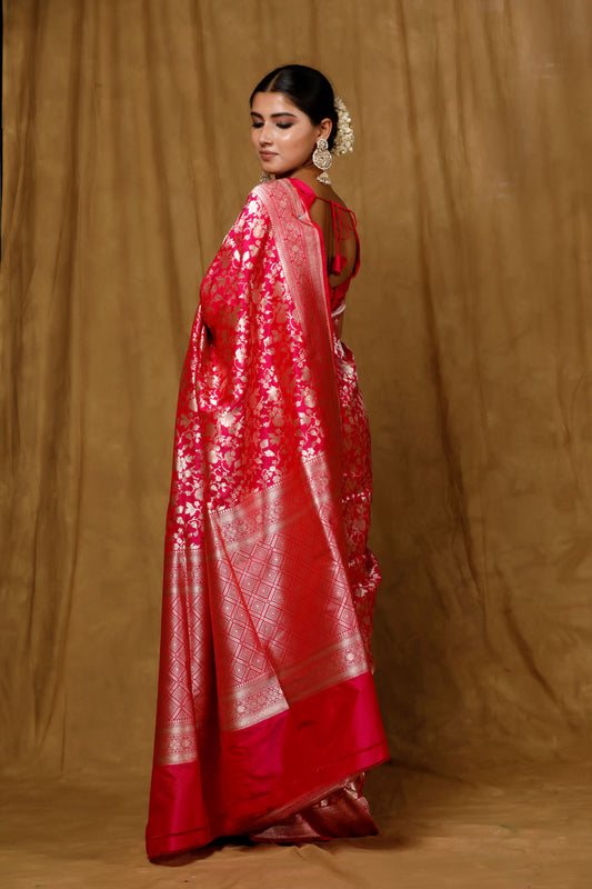 Rani color Banaras Handloomi saree with intricate jangla patterns