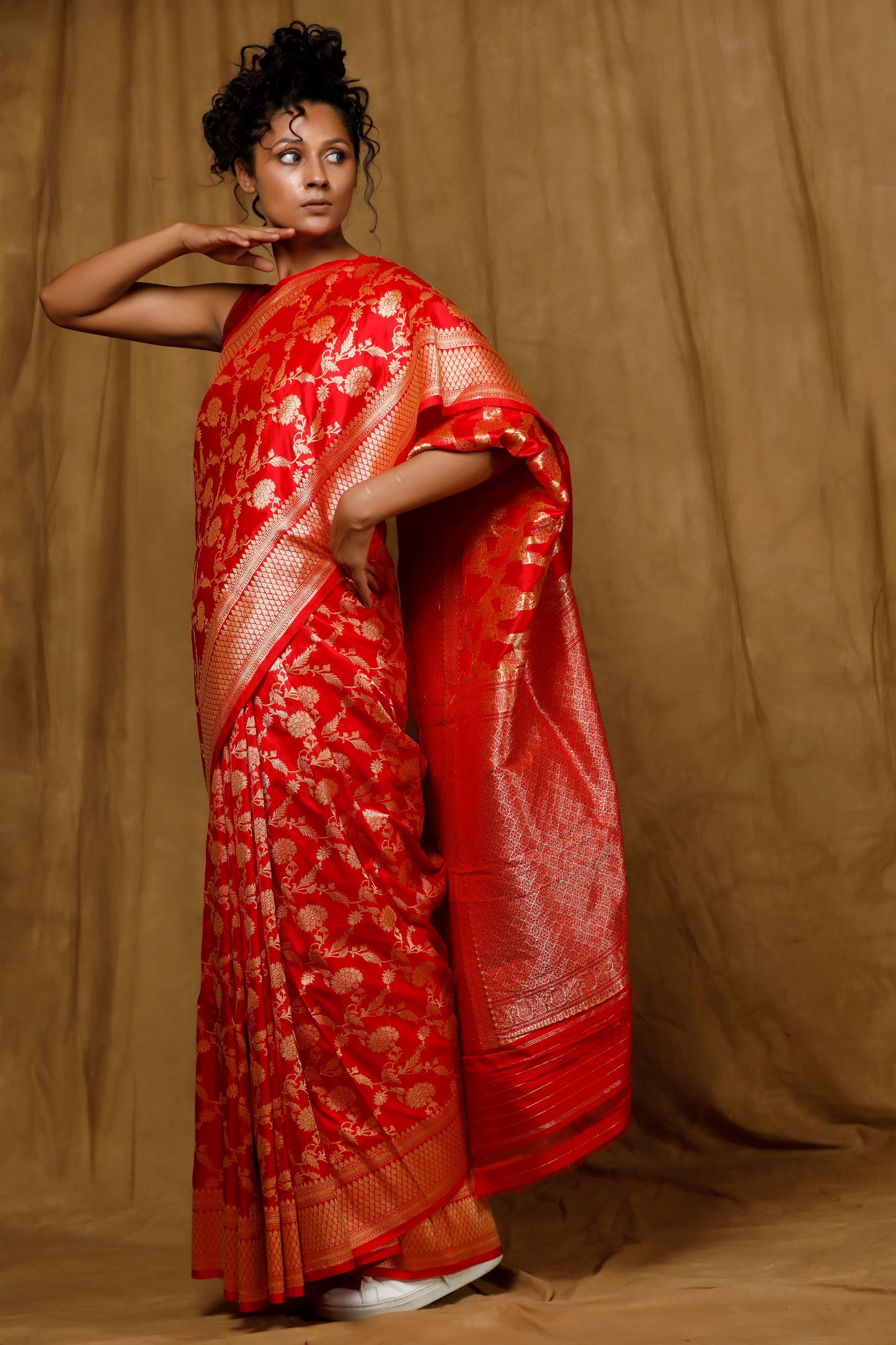 Red Banarasi saree features intricate kadhua jaal