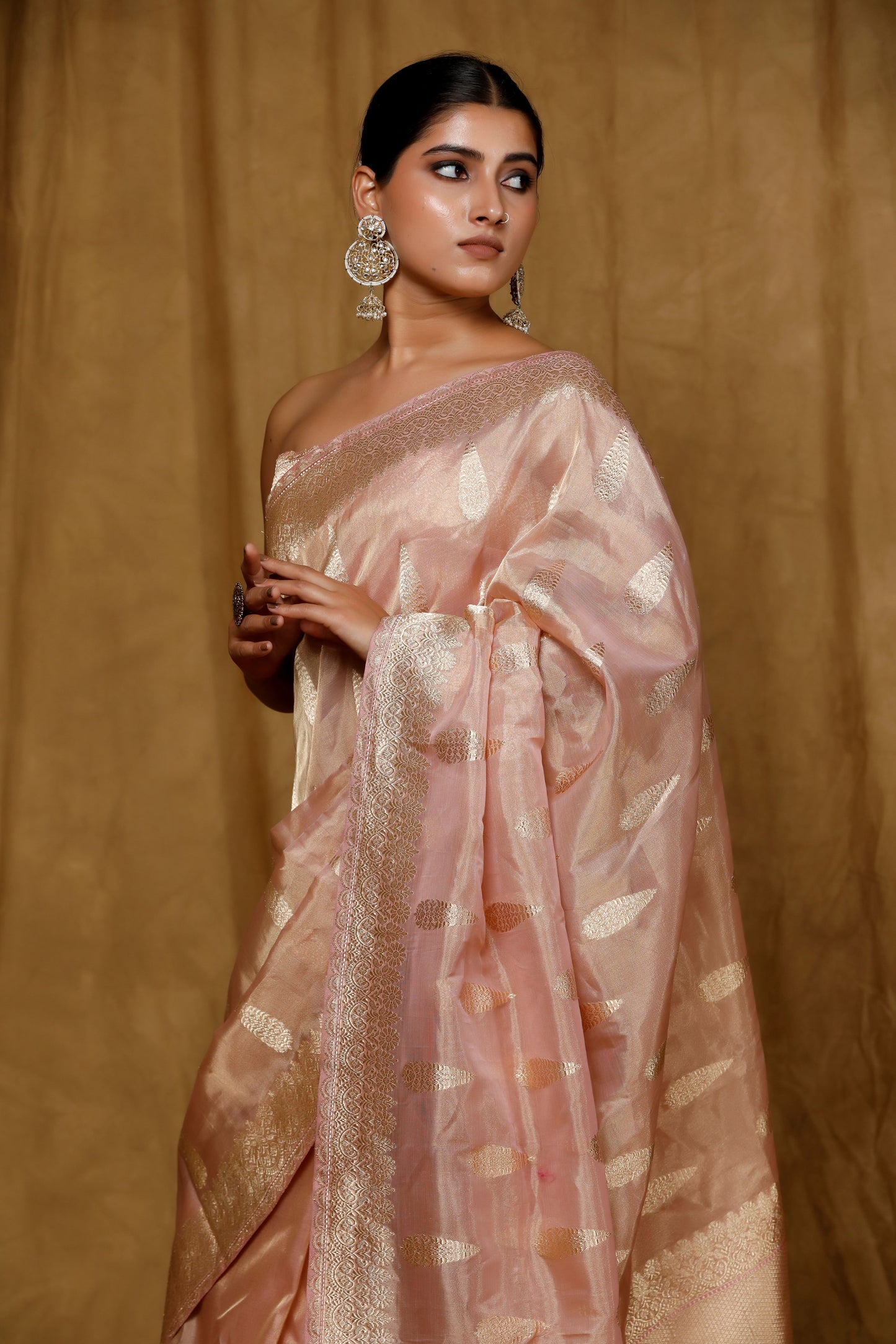 Peach Tissue-silk Banarasi tissue handloom saree with traditional kadhua motifs