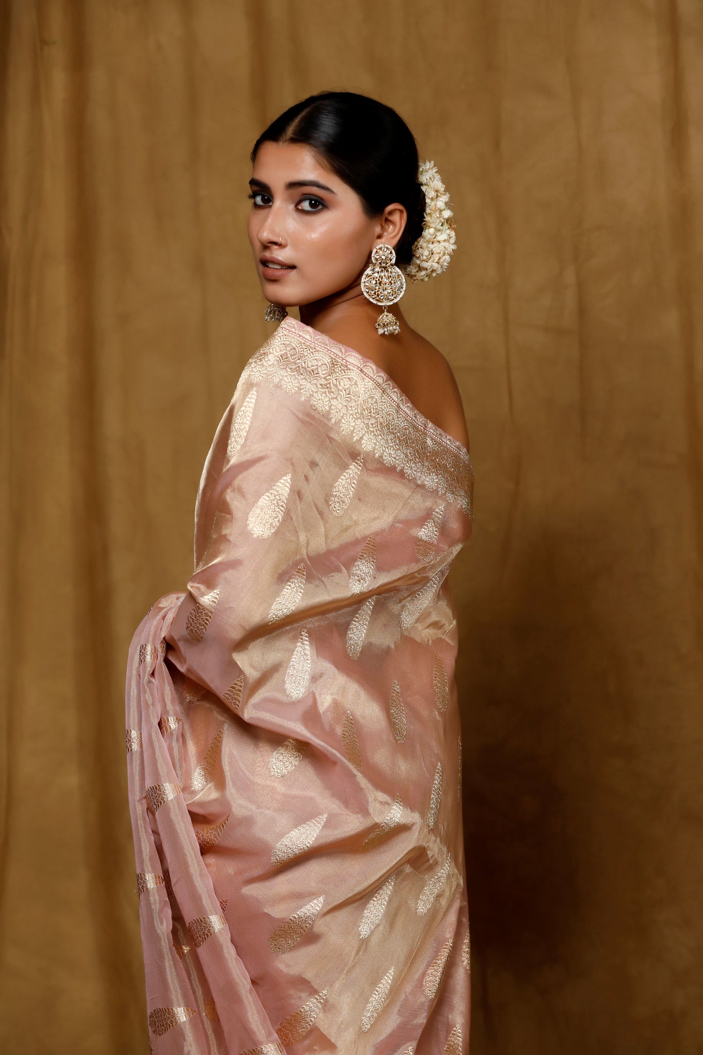 Peach Tissue-silk Banarasi tissue handloom saree with traditional kadhua motifs