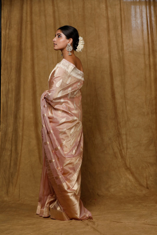 Peach Tissue-silk Banarasi tissue handloom saree with traditional kadhua motifs