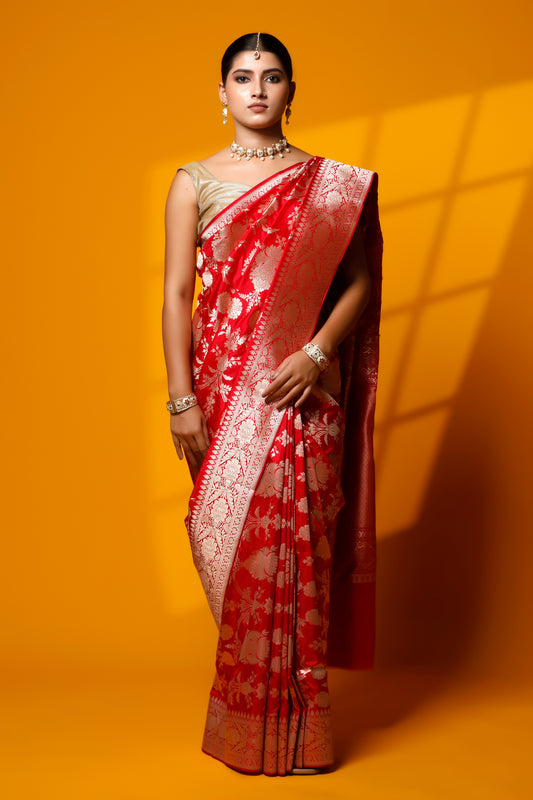 Red pure silk kataan Banarasi Handloom saree