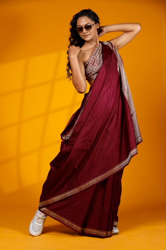 Maroon pure satin kataan Designer Banarasi Handloom saree