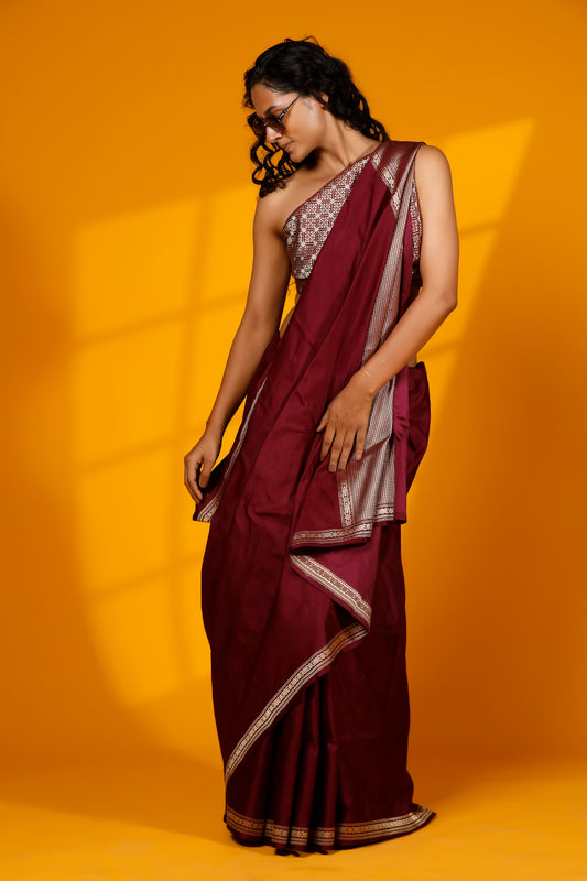 Maroon pure satin kataan Designer Banarasi Handloom saree