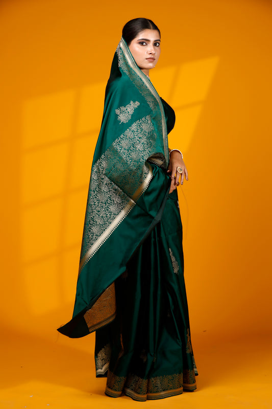 Bottle green pure satin silk kataan banarasi saree