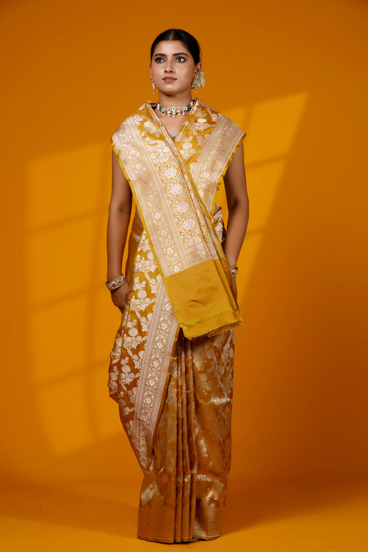 Yellow pure Silk Banarasi Handloom saree with intricate jangla patterns