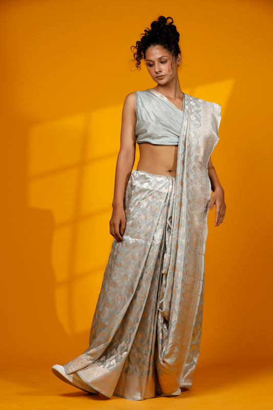 Mint soft silk Handloom Banarasi saree with intricate jangla patterns