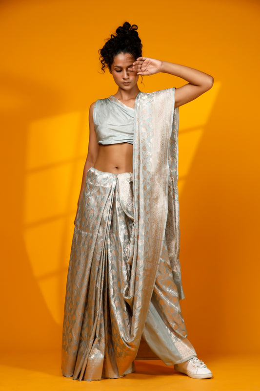 Mint soft silk Handloom Banarasi saree with intricate jangla patterns