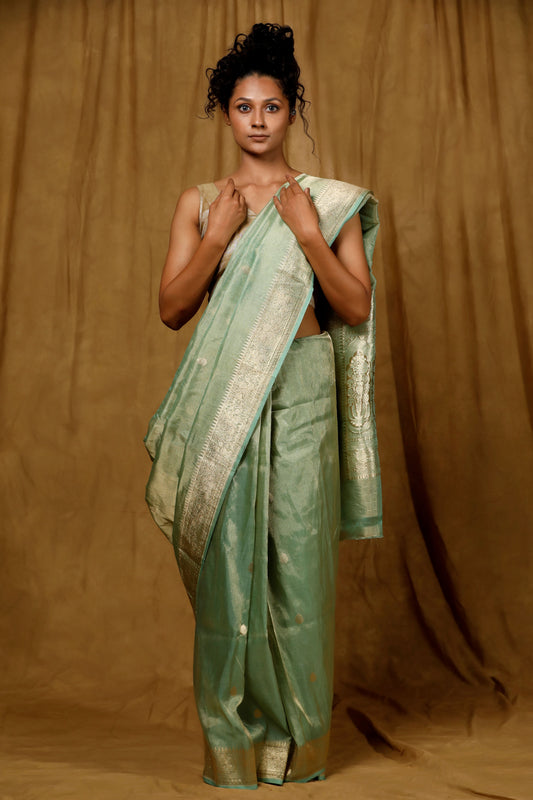 Mint Tissue Banarasi Handloom saree, floral open border with motifs