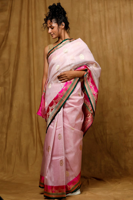 Pink Tissue Banarasi Handloom saree, Kadhua buta with kadhial satin border
