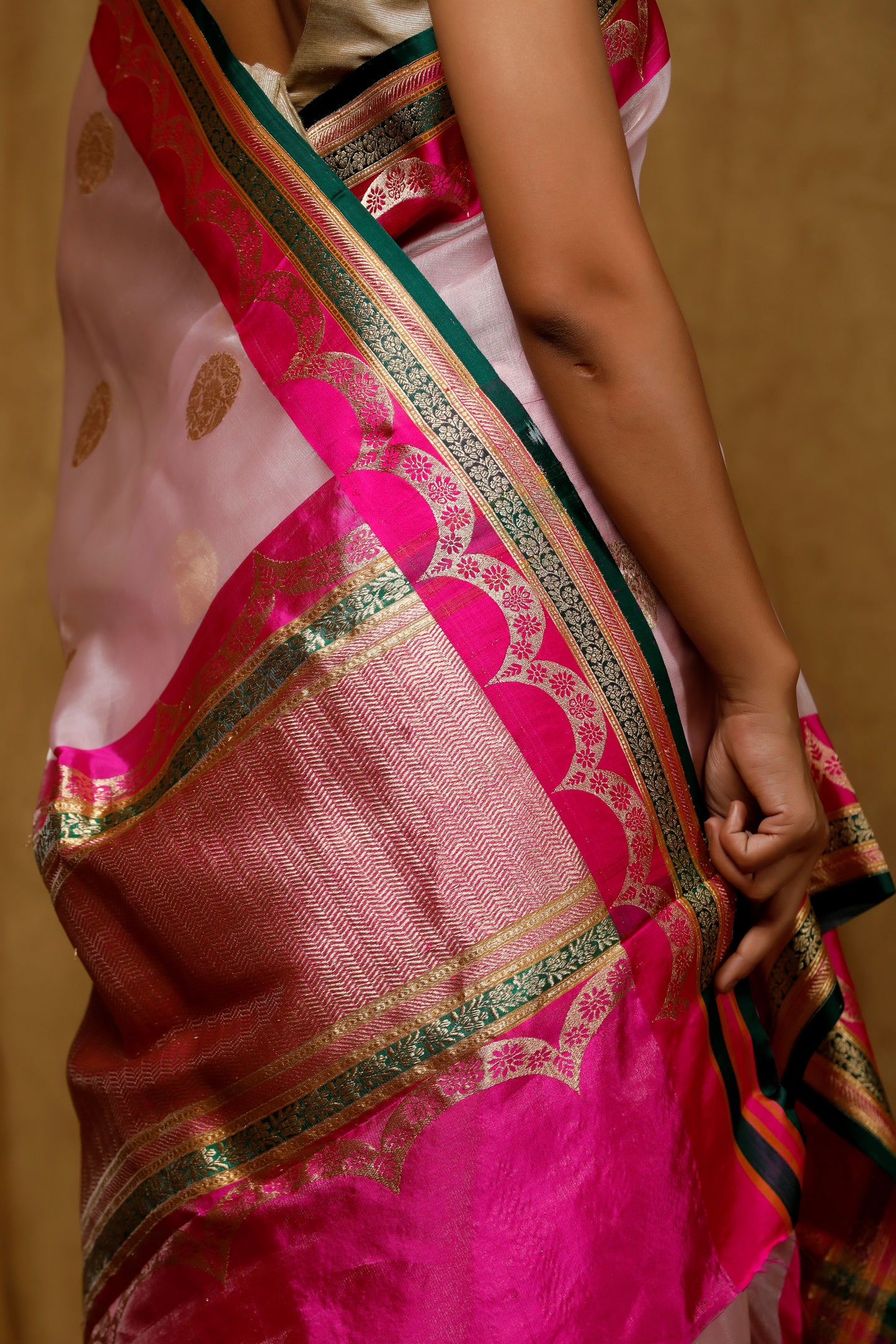 Beige Tissue Banarasi Handloom saree, Kadhua buta with satin border