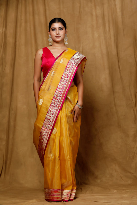 Yellow Tissue Banarasi Handloom saree, Kadhua buta satin border