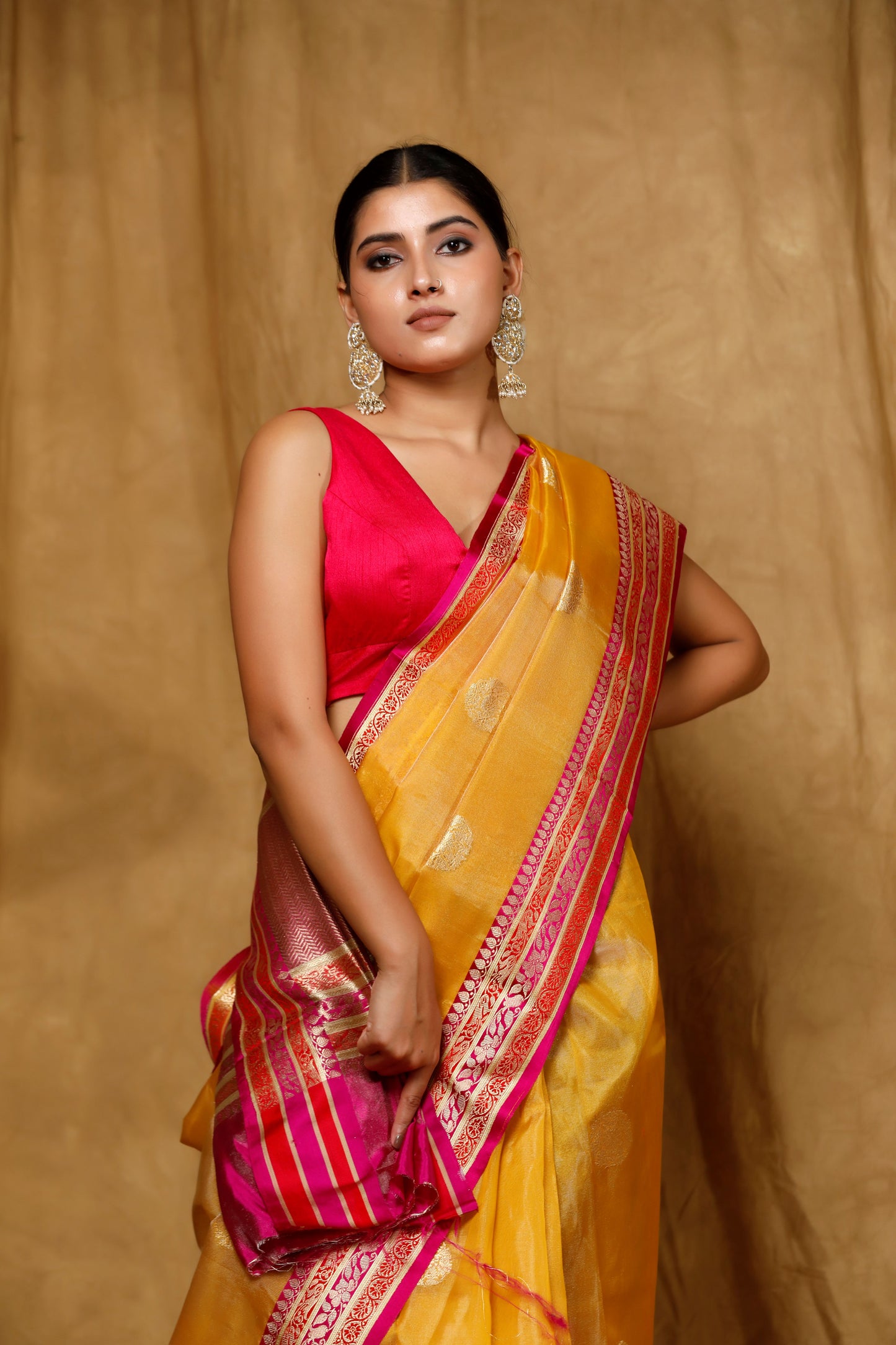 Yellow Tissue Banarasi Handloom saree, Kadhua buta satin border