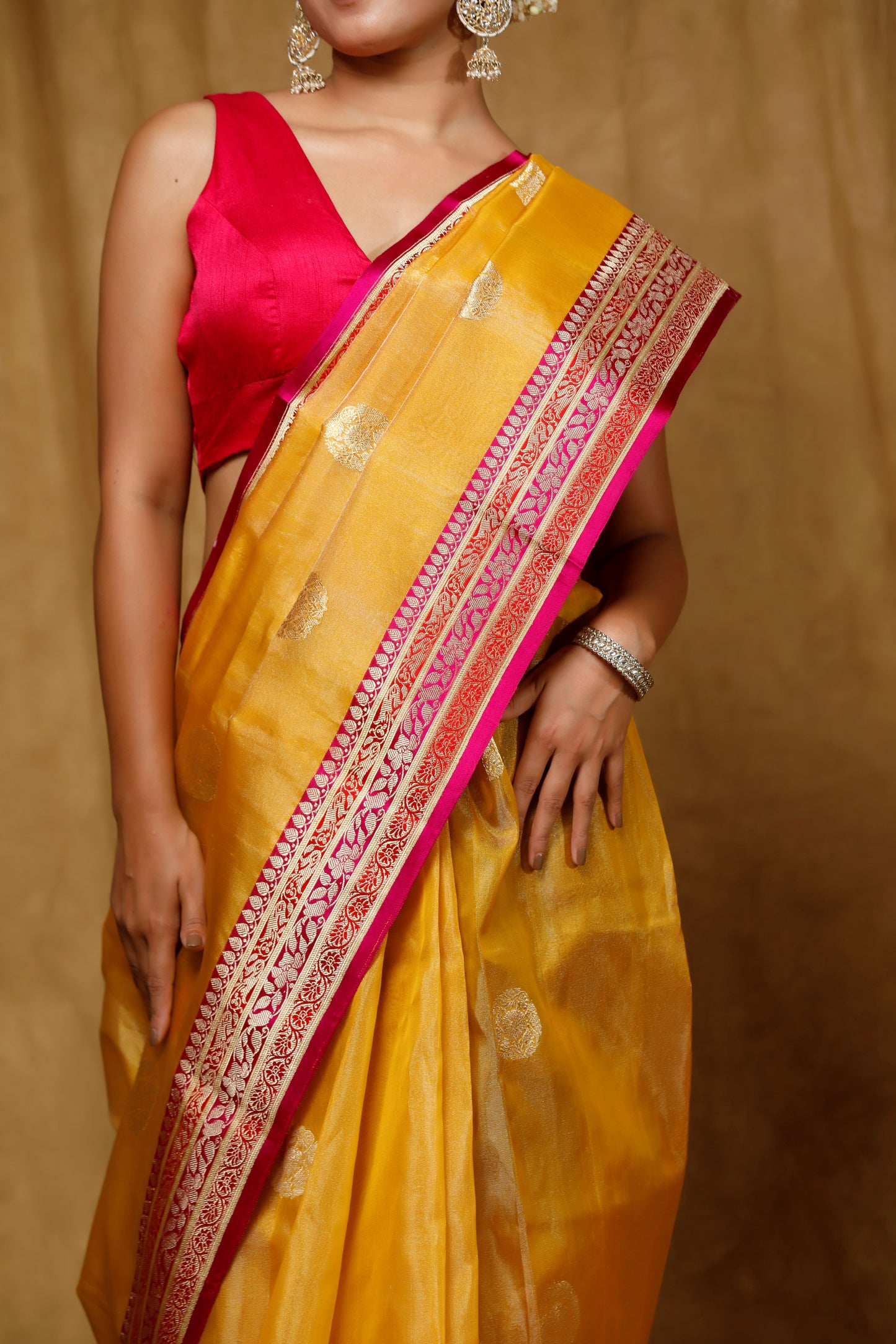 Yellow Tissue Banarasi Handloom saree, Kadhua buta satin border