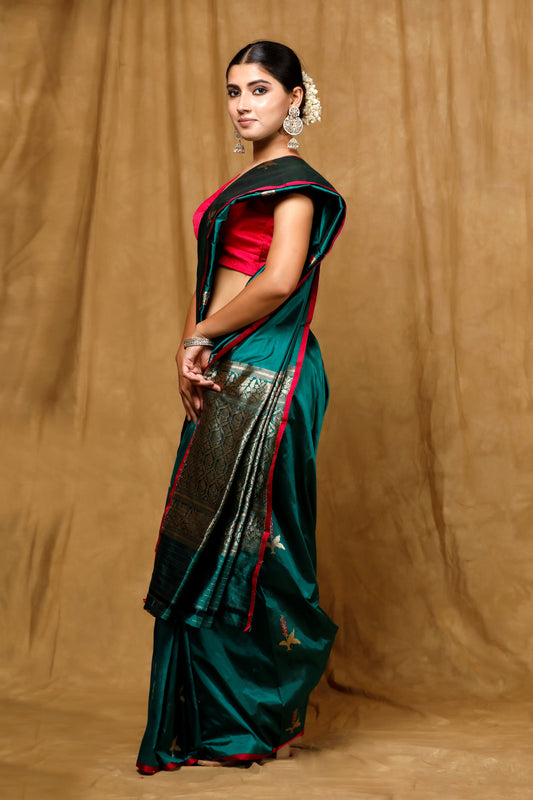 Bottle green Banarasi Handloom saree without border, intricate kadwa motifs