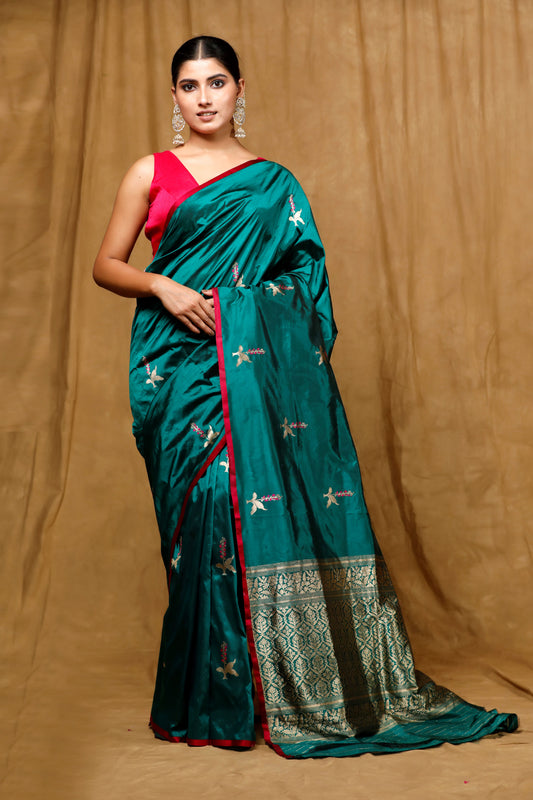 Bottle green Banarasi Handloom saree without border, intricate kadwa motifs