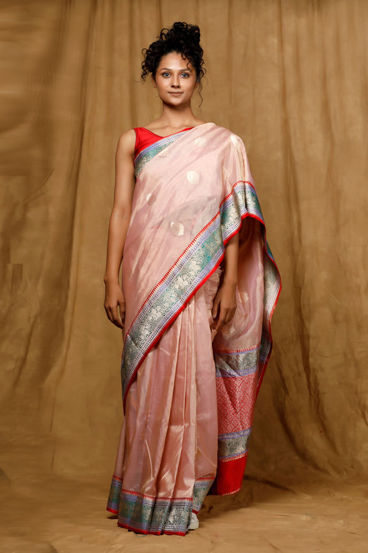 Pink Tissue Banarasi Handloom saree, Kadhua buta, satin border