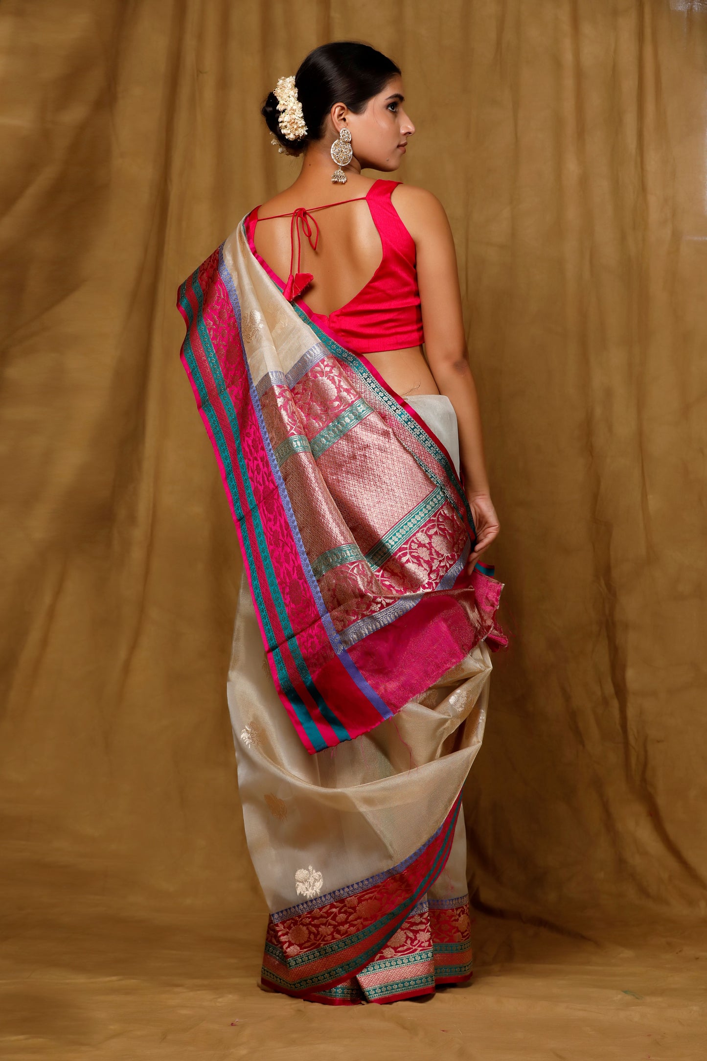 Beige Tissue Banarasi Handloom saree, Kadhua buta with satin border