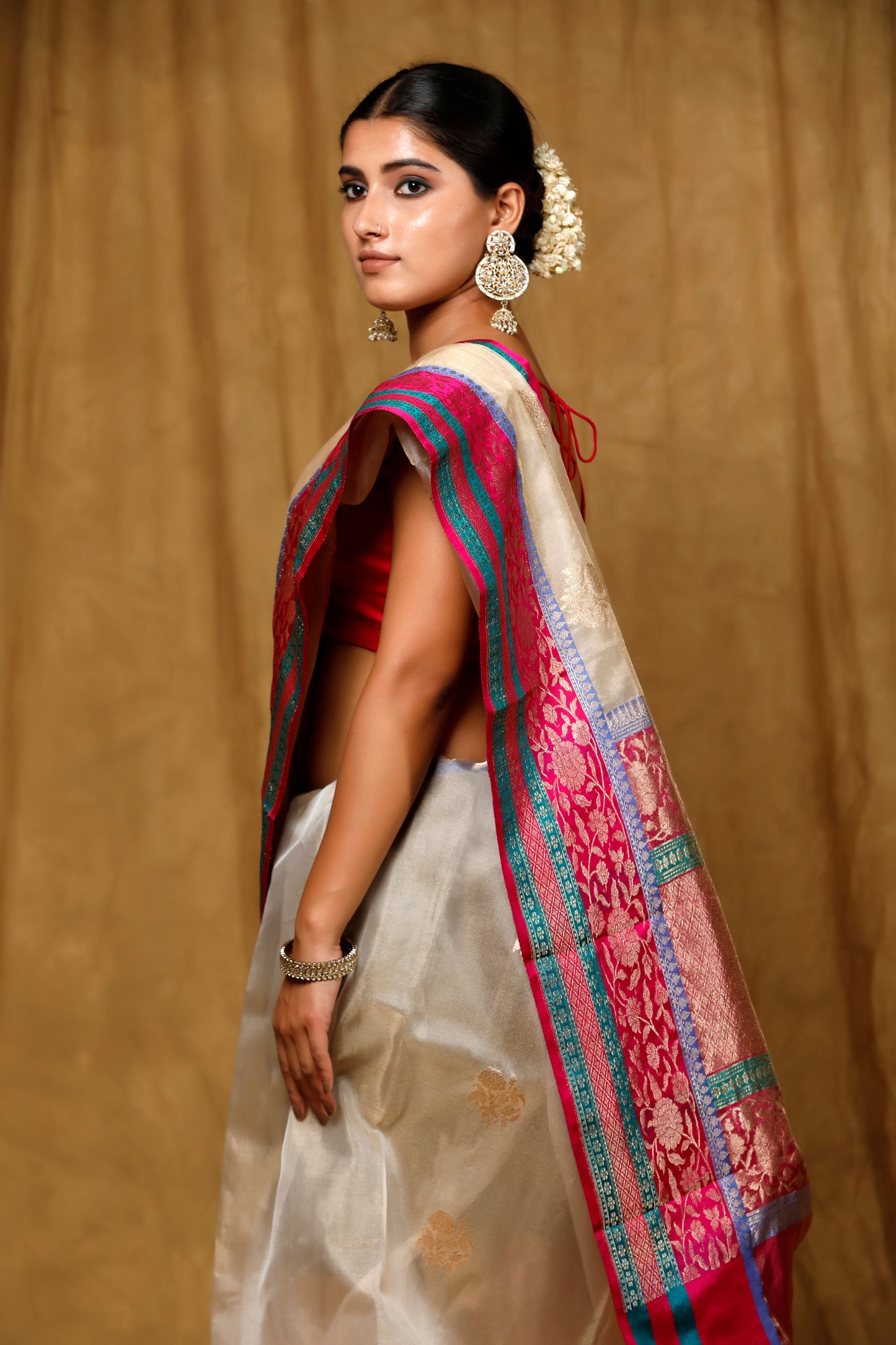 Beige Tissue Banarasi Handloom saree, Kadhua buta with satin border