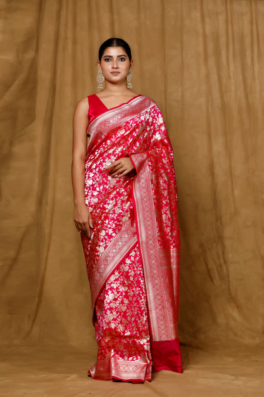 Rani color Banaras Handloomi saree with intricate jangla patterns