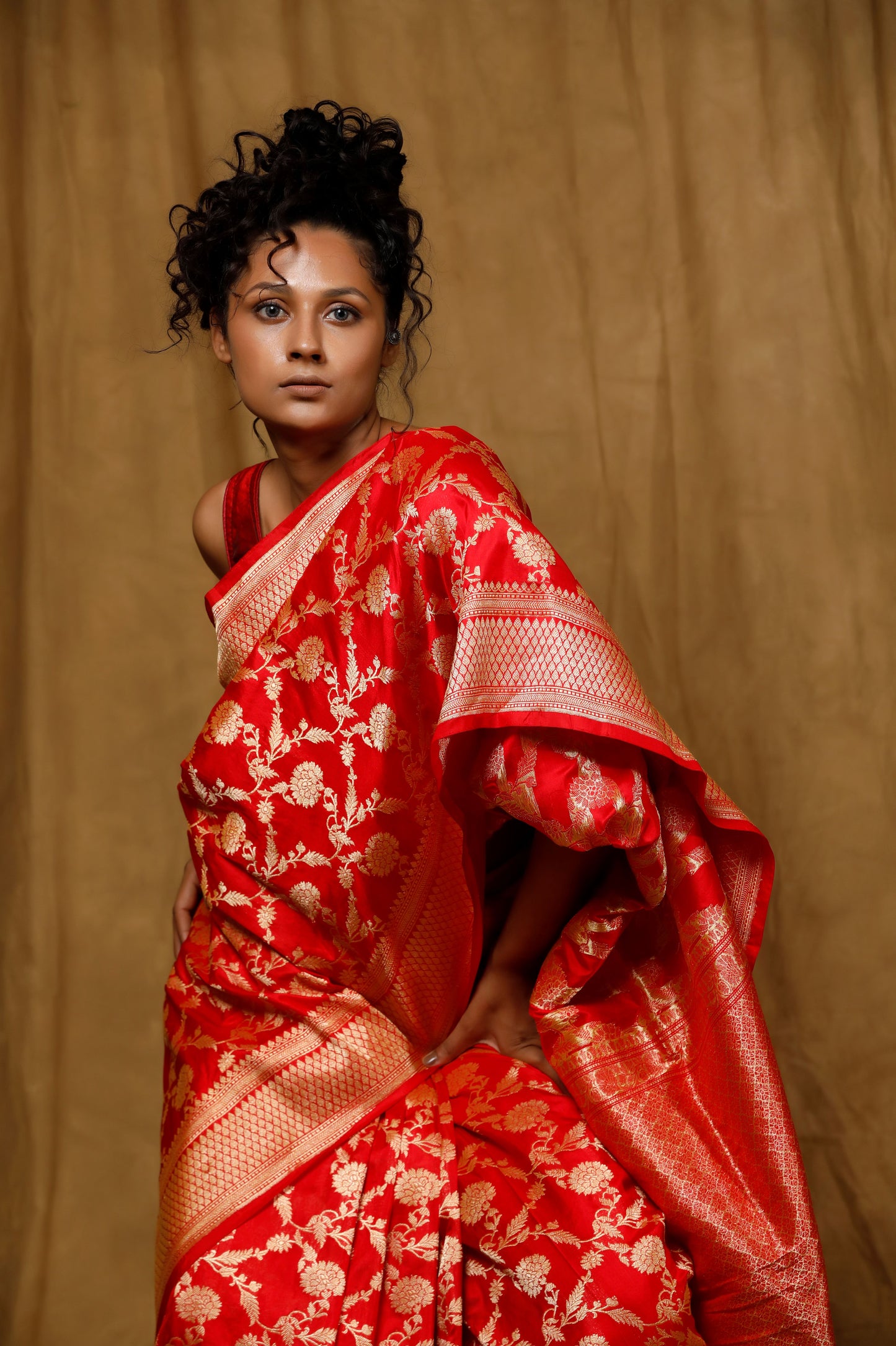 Red Banarasi saree features intricate kadhua jaal