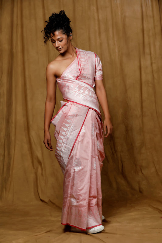 soft pink pure katan Banarasi Handloom saree with silver buta and open fancy border